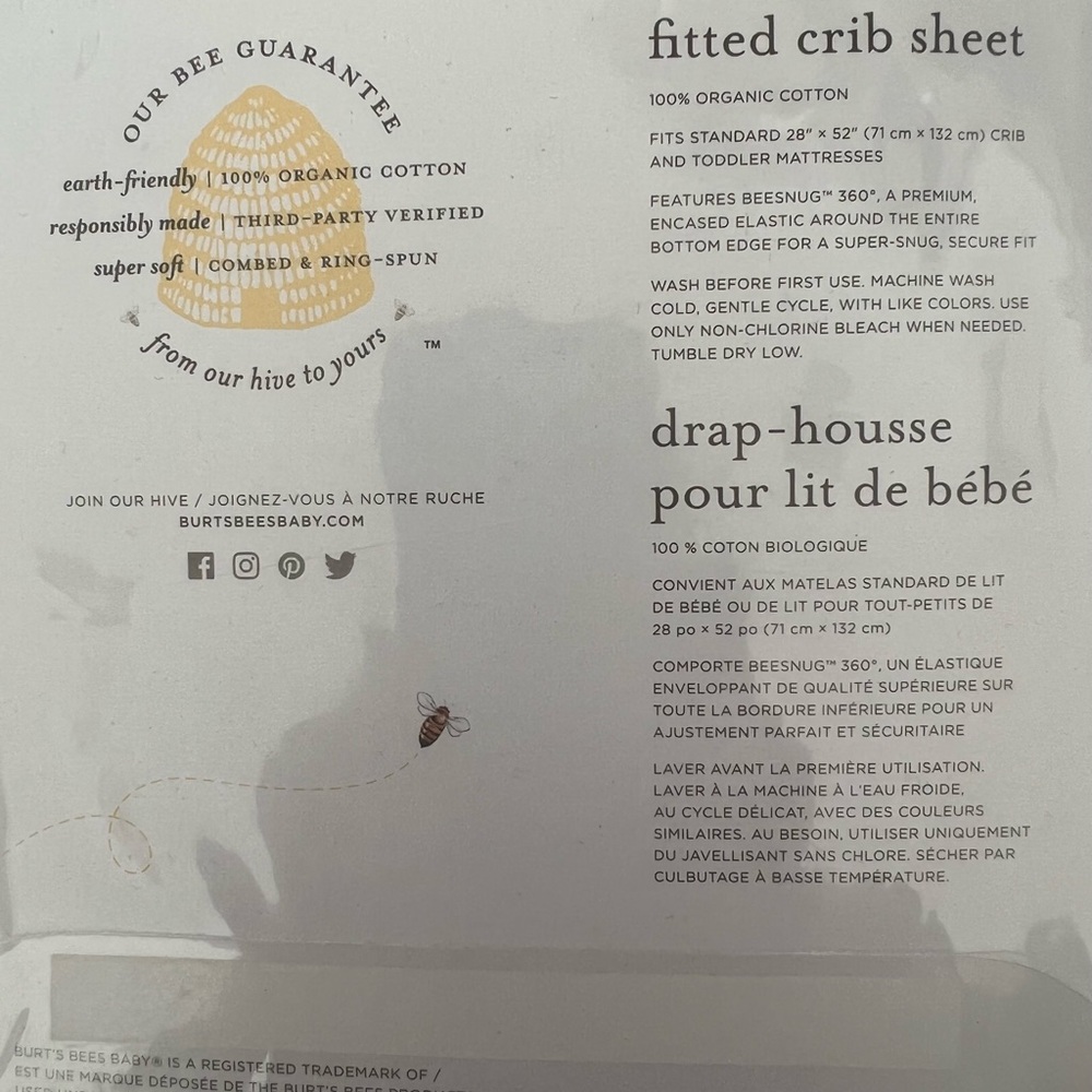 Burt’s Bees Organic fitted crib sheet. 28”x52”. Brand new. Never opened.